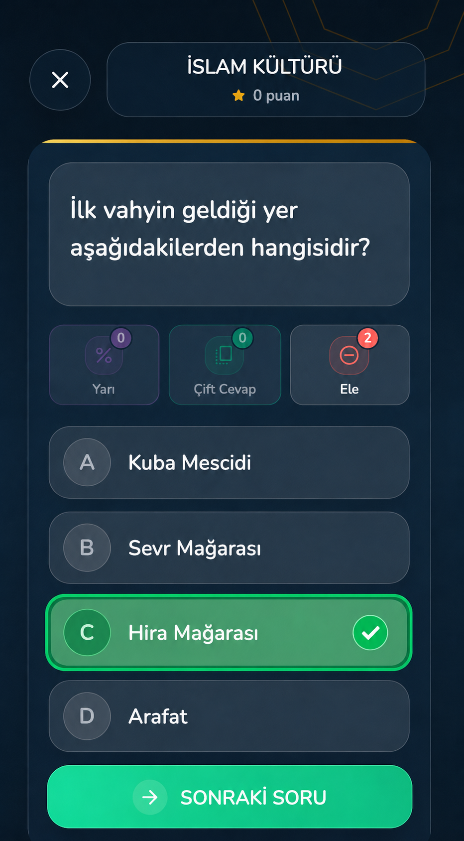 SABIQUUN quiz ekranı